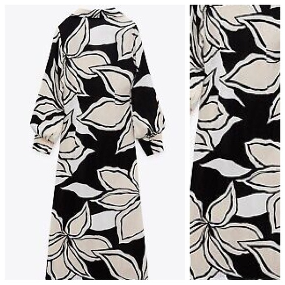 NWT.  Zara Black/Ecru Floral Print Shirt Midi Dress. Size XS. - Picture 7 of 10